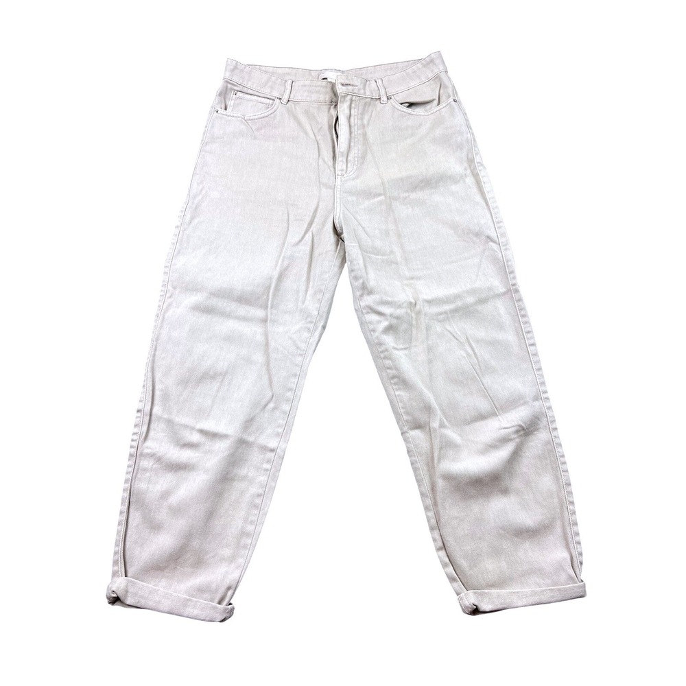 H&M Beige 100% Cotton Mom Jeans High Rise Straight‎ Leg Cuffed Hem US 10